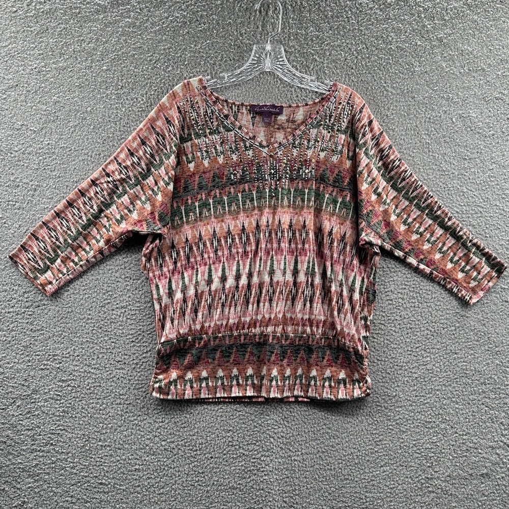Womens Geometric Print Top L Boho Artsy Eclectic Statement Relaxed Casual Travel